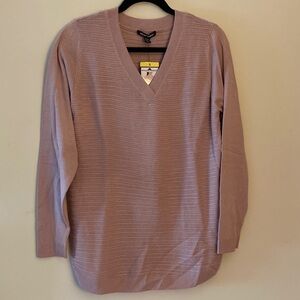 Hilary Radley Ribbed V-Neck Tunic Sweater in Soft Mauve “Blush Pink”